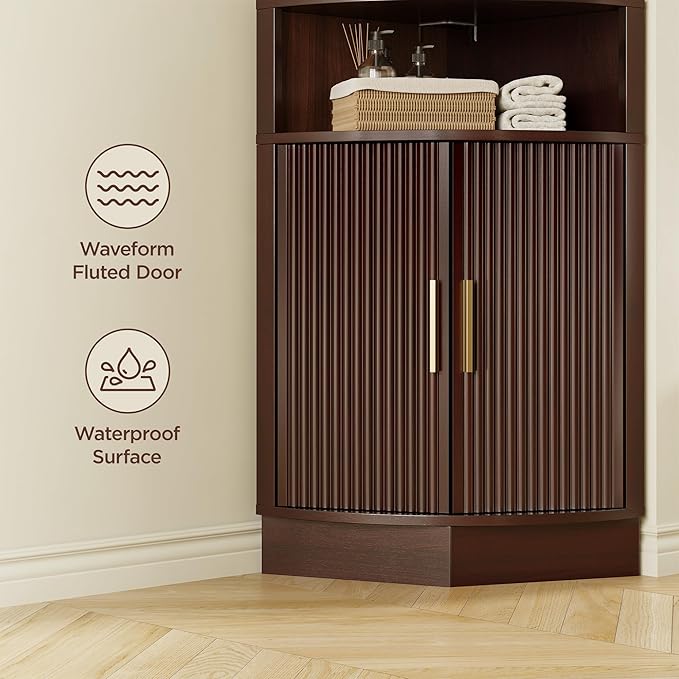 Corner Bathroom Cabinet, Modern Small Corner Cabinet with Fluted Door and Open Shelf, Space Saver for Bathroom, Living Room, Kitchen, Brown