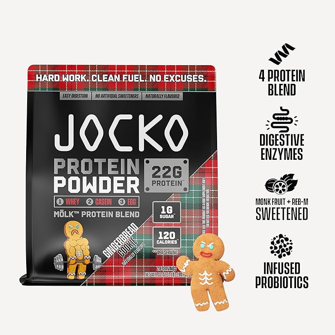 Jocko Mölk Whey Protein Powder - Keto, Probiotics, Grass Fed, Digestive Enzymes, Amino Acids, Low Sugar Monk Fruit Blend - Muscle Recovery & Growth (31 Servings (Pack of 1), Gingerbread Cookie)