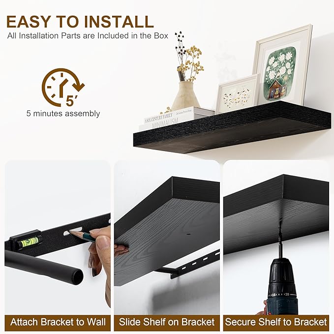 Fun Memories Floating Shelves for Wall, 24Inch Floating Shelves Set of 2, Hanging Shelf with Invisible Brackets, Wood Shelves for Living Room, Bedroom, Kitchen, Black