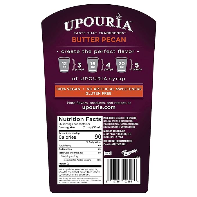 Upouria Butter Pecan Coffee Syrup Flavoring, 100% Vegan, Gluten-Free, Kosher, 750 mL Bottle (Pack of 2) with Coffee Syrup Pump
