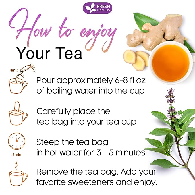 FreshDrinkUS, Premium 75 Ginger Tulsi Tea Bags, 100% Natural, Hand-made Blend of Ginger and Tulsi Holy Basil Leaves, Eco-conscious Tea Bags. Herbal Tea. No Sugar, No Caffeine, Vegan.
