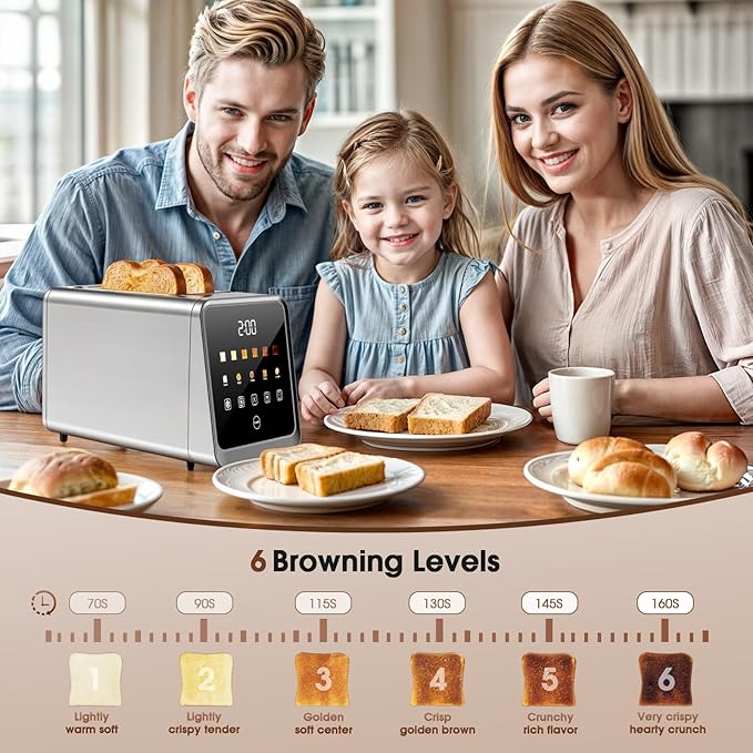 2-Slice Smart Toaster, Digital Touchscreen with Memory Function, 1.5" Extra-Wide Slots, 5 Bread Types & 6 Browning Settings, 900W for Fast Toasting, Defrost & Reheat Modes
