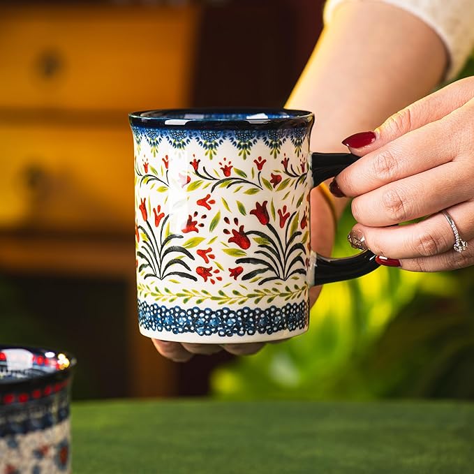 Ceramic Latte Mug Set of 4, 15.5oz Hand Painted Porcelain Coffee Cups With Big Handle - Modern,Retro Design For Any Kitchen. Microwave and Dishwasher Safe (The tulip)
