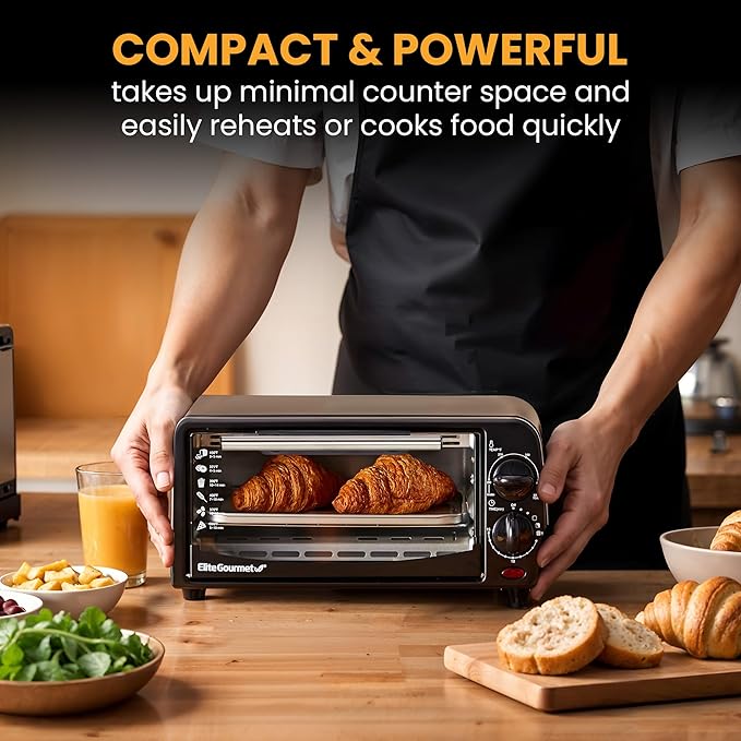 Elite Gourmet ETO236 Personal Compact 2 Slice Countertop Toaster Oven with 15 Minute Timer & Adjustable Temperature, Bake, Broil, & Toast, Black