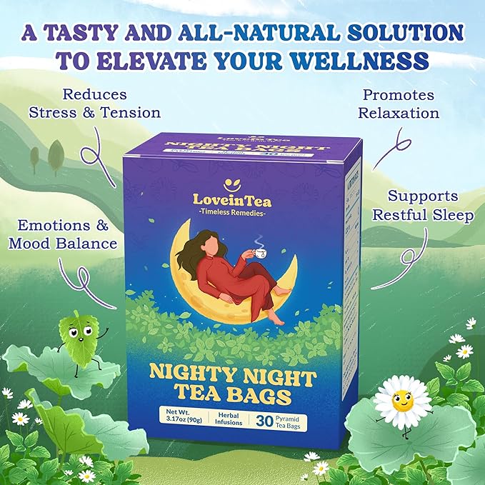 LoveinTea Nighty Night Sleep Herbal Tea Bags, Caffeine-Free Bedtime Tea,100% Natural Vietnamese Herb Blend, Plant-Based Pyramid Bags, 30 Count