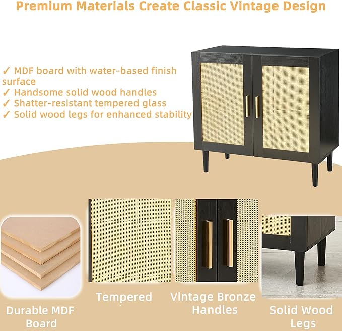 27.9 Inch Accent Sideboard Buffet Cabinet with Storage, Rattan Cabinet with Doors and Shelves, Black Farmhouse Coffee Bar Kitchen Storage Cabinets for Entryway Living Room