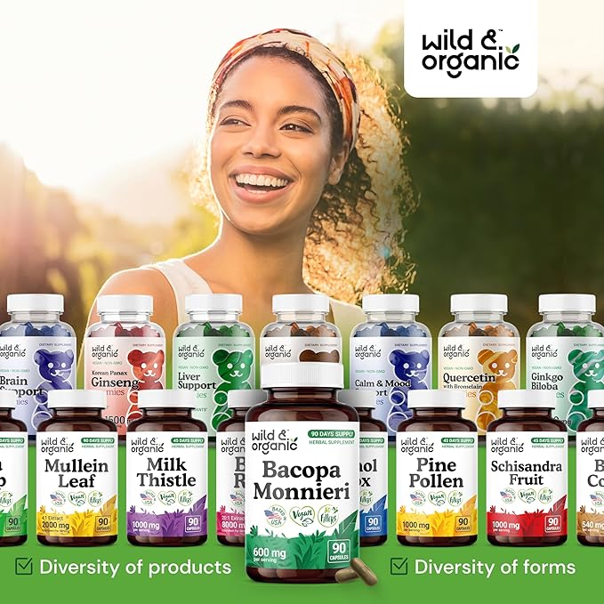 Wild & Organic Bacopa Capsules 600 mg - Brain Support - Natural Bacopa Monnieri Supplement - Brahmi Capsules - 90 Days of Supply - Vegan, No Fillers, Non-GMO - 90 Count