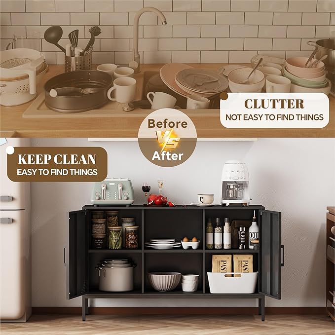 Metal Storage Cabinet,Metal Black TV Stand,Coffee Bar Buffet Cabinet Kitchen Sideboard Storage with Adjustable Shelves for Living Room Bedroom