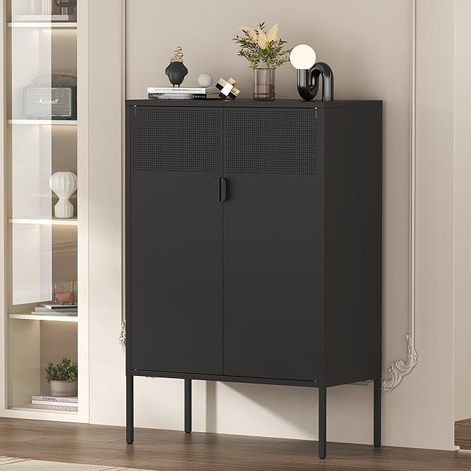 Black Metal Storage Cabinet,2 Door TV Stand, Metal Mesh Accent Cabinet,Magnetic Door Closure,Low Storage Cabinets with Doors and Shelf for Home,Office,Living Room