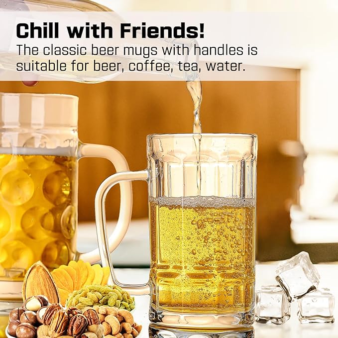 Freezer Beer Mugs, 20 oz Large Heavy Glass Mugs with Handles Set of 2, Clear Large Beer Steins for Tea, Coffee, Lead-Free Glasses Oktoberfest Style, Best Gifts for Dad Husband or Friend