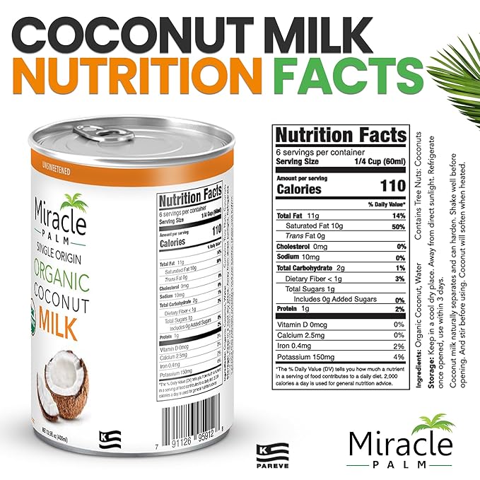 Miracle Palm Coconut Milk Unsweetened - Coconut Milk Canned, Additive Free Organic 13.5 Fl Oz (Pack of 3)