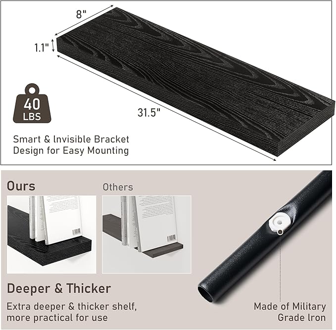 Fun Memories Black Floating Shelves for Wall, 32W x 8D Floating Wall Shelves with Invisible Brackets Set of 2, Hanging Rustic Wood Shelf Decoration for Bedroom, Bathroom, Living Room and Kitchen