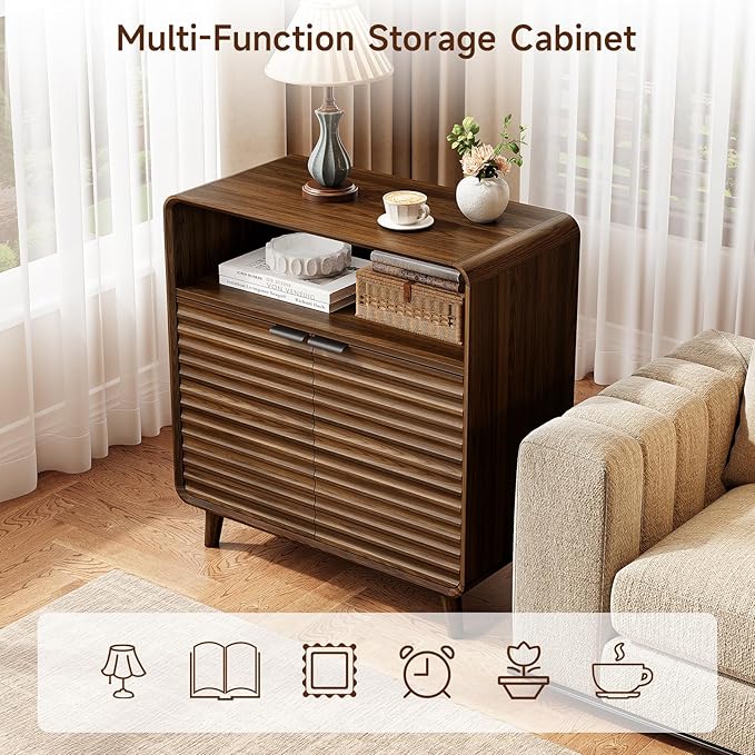31.5" Sideboard Buffet Cabinet with Storage, Curved Sideboard with 2 Wave Doors and Angled Side Frame, Small Storage Cabinet with Adjustable Shelves, Coffee Bar Cabinet for Dining Room, Walnut