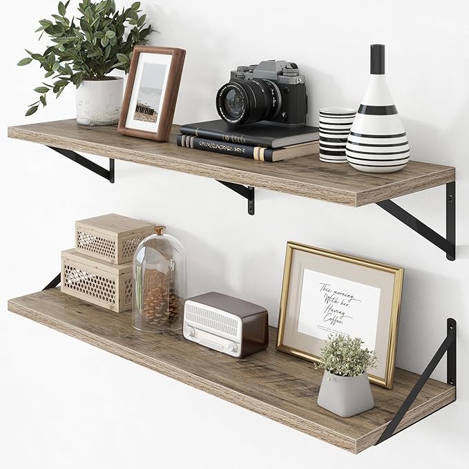 Axeman Deep Floating Shelves - 40 Inch Floating Shelves Set of 2-12 Inch Deep Grey Wood Wall Shelves for Living Room Bathroom Kitchen