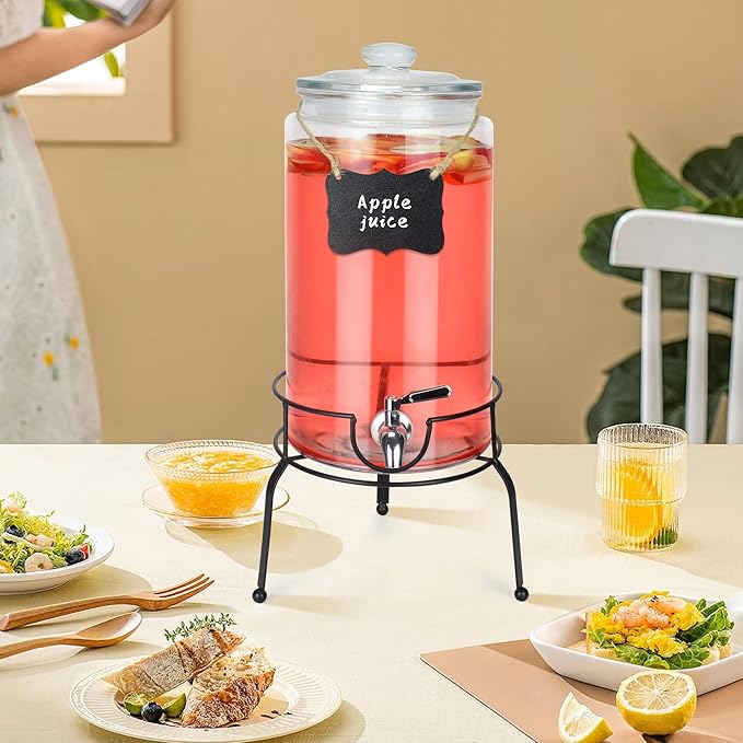 2 Gallon Beverage Dispenser 1 Pack, Stainless Steel Spigot Drink Dispenser for Parties with Stand, Clear Glass Drink Container Easy to Refill and Clean