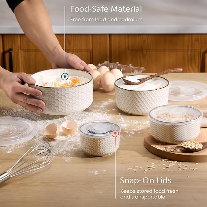 KooK Mixing Bowls, with Lids, Ceramic Nesting Bowls. Space Saving, Set of 4, Embossed, Kitchen, Prep, Stackable, Mix, Gift, Microwave and Dishwasher Safe, 10/16/29/47 oz, Narbonne Collection (Ivory)