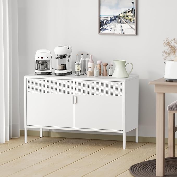 Metal Storage Cabinet with Doors,White Accent Cabinet,Metal Locker Storage Cabinets,2 Door TV Media Stand with Removable Shelves for,Home,Office,Entryway,Living Room