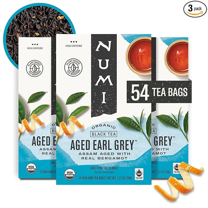 Numi Organic Aged Earl Grey Tea, 54 Black Tea Bags, Flavorful Assam Aged Tea with Real Bergamot