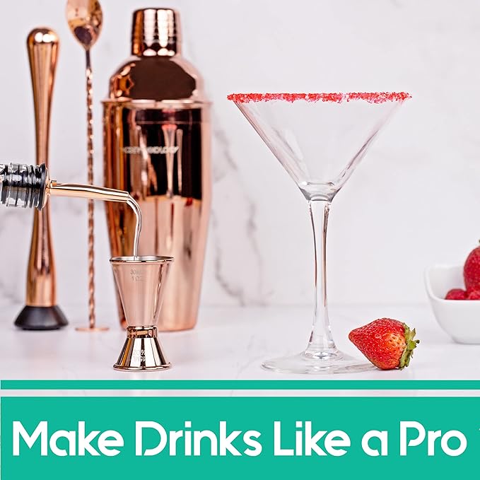 Modern Mixology 8-Piece Cocktail Shaker Set, 24oz Stainless Steel Bartender Kit with Velvet Giftable Bag, Curated Travel Cocktail Kit for Hosting Essentials (Copper)
