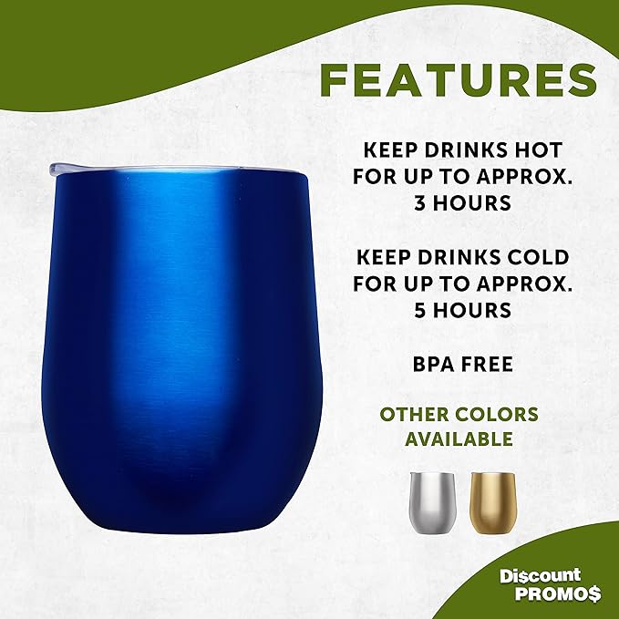 DISCOUNT PROMOS Stemless Wine Glass Tumblers with Lids by Largo 11 oz. Set of 6, Bulk Pack - Perfect for Wine, Cocktails, Other Hot & Cold Beverages - Blue