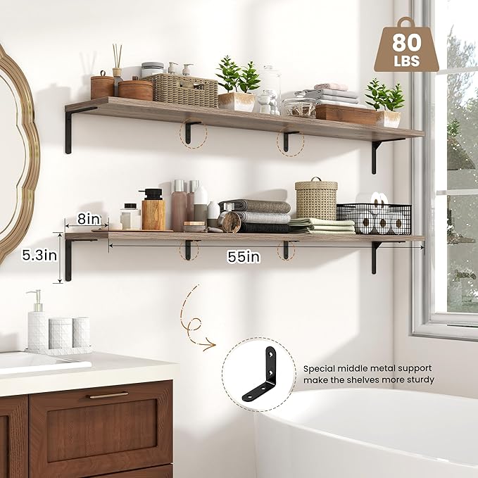 Fun Memories Deep Floating Shelves, 55W x 8D Floating Shelves Set of 2, Wall Mounted Shelf with Metal Brackets, Rustic Wood Wall Shelf for Bathroom, Kitchen and Living Room, Grey