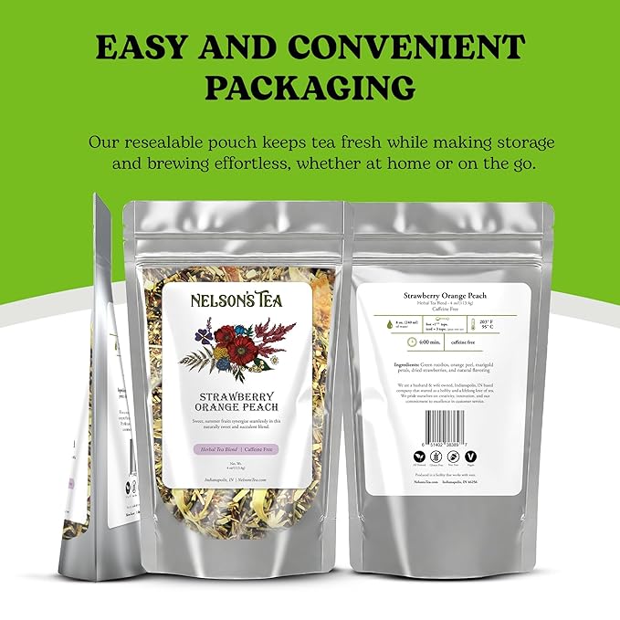 Nelson's Tea Strawberry Orange Peach - Caffeine Free Herbal Rooibos Loose Leaf Tea - Irresistable Blend of Green Rooibos, Orange Peel, Marigold and Strawberries - Fruit Loose Leaf (4 oz)