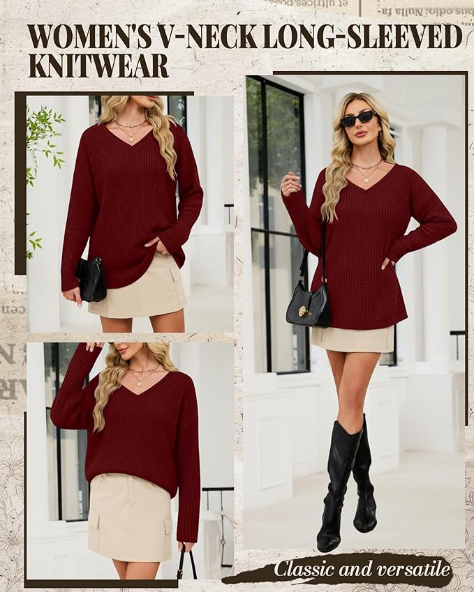 Women's V Neck Sweater Long Sleeve Knit Oversized Shirt Loose Lightweight Fall Casual Pullover Sweater Top