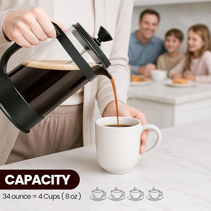 Utopia Kitchen Borosilicate Glass French Press Coffee Maker 34 oz, Heat-Resistant Cafetiere & Tea Maker, Thickened Glass Coffee Press for Travel and Camping, Black