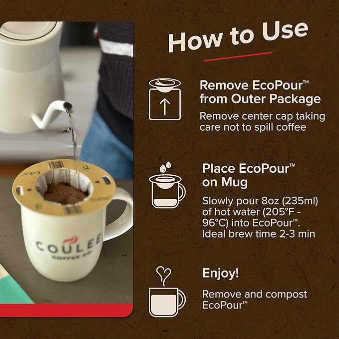 Coulée EcoPour O.G. Coffee, All Paper Single Serve Pour Over Colombian Coffee, Medium Roast, Use for Camping or Traveling, Pre Filled Compostable Filters, Ready to Brew with Hot Water, Plastic Free, 10 Pack