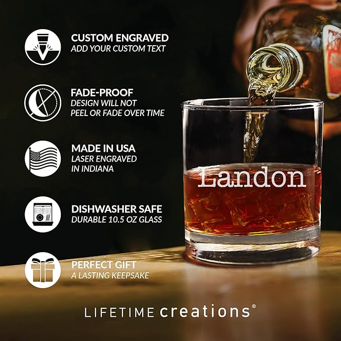 Lifetime Creations Engraved Personalized Name Whiskey Glass 10.5 oz - Old Fashioned Rocks Glass with Name, Monogrammed Scotch Glass Groomsmen Gift, Dishwasher Safe, Made in USA