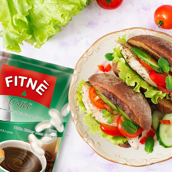 FITNE Instant 3 In 1 Coffee Packets Mix With White Kidney Bean Extract L-Lysine Vitamin B1 B2 B6 Smooth Blend No Sugar Sucralose Sweetener, 10 Sachets