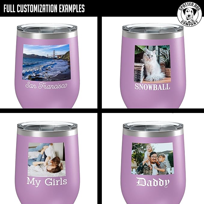 Personalized Mothers Day 12oz Photo Printed Insulated Stainless Steel Powder Coated Stemless Wine Tumbler with Lid, Customized Mum Gift Idea for Her, Custom Mom Team (Light Purple)