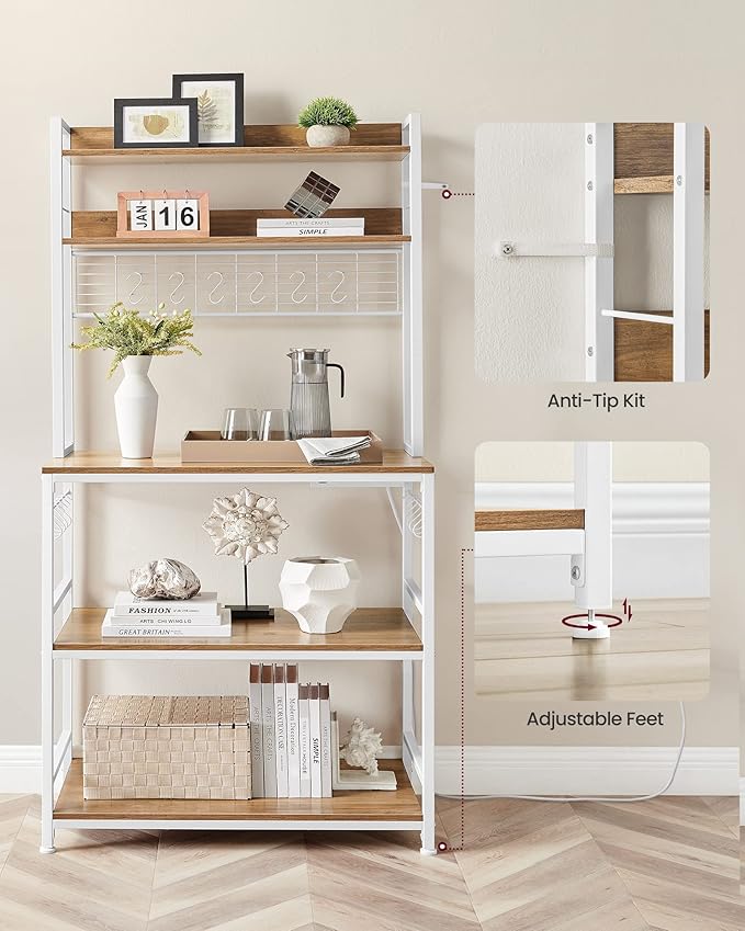 VASAGLE Bakers Rack with Power Outlet, Microwave Stand, Kitchen Tall Utility Storage Shelf, with Metal Wire Panel, 14 Hooks, 15.7 x 31.5 x 66.9 Inches, Rustic Walnut and Cloud White UKKS025W41