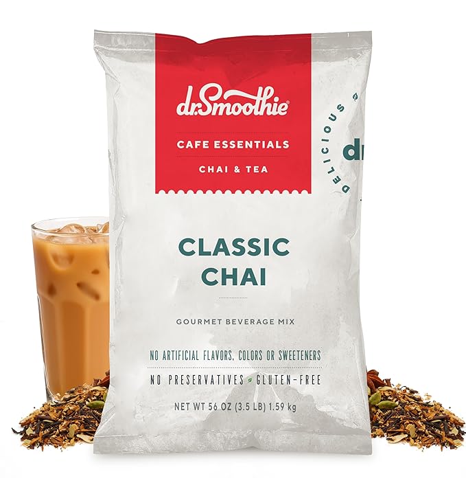 Dr. Smoothie Café Essentials Classic Chai – No Artificial Colors, Flavors, or Sweeteners – Shelf Stable – 62mg of Caffeine per Serving – Great for Hot, Iced, & Frozen Frappes (3.5 lb Bag, 26 Servings)