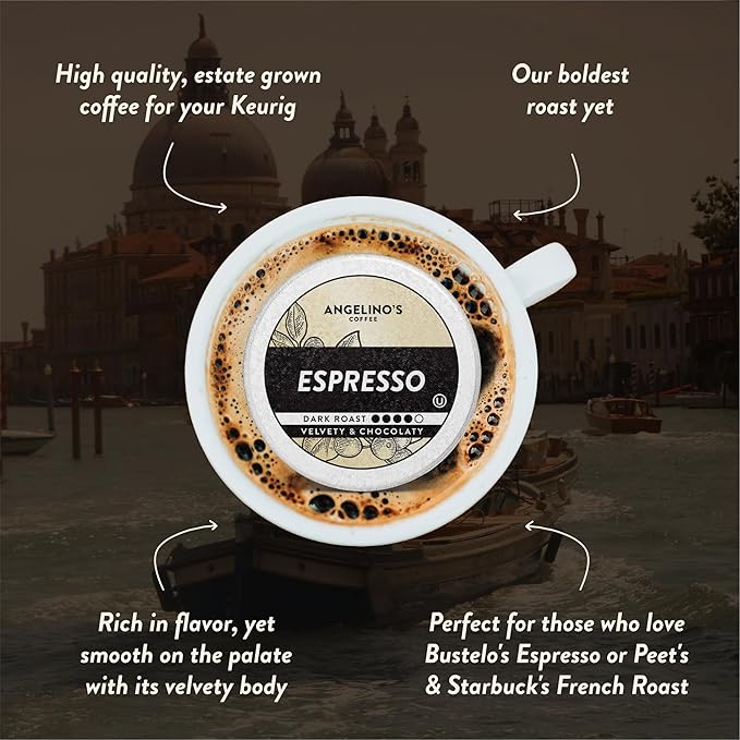 Angelino's Coffee Espresso Pods Made for Keurig Machines - 24 Count, Dark Roast Coffee for Keurig K-Cup Brewers, Cafe Style, Best Strong Espresso Coffee Pods (24 Count, Espresso)