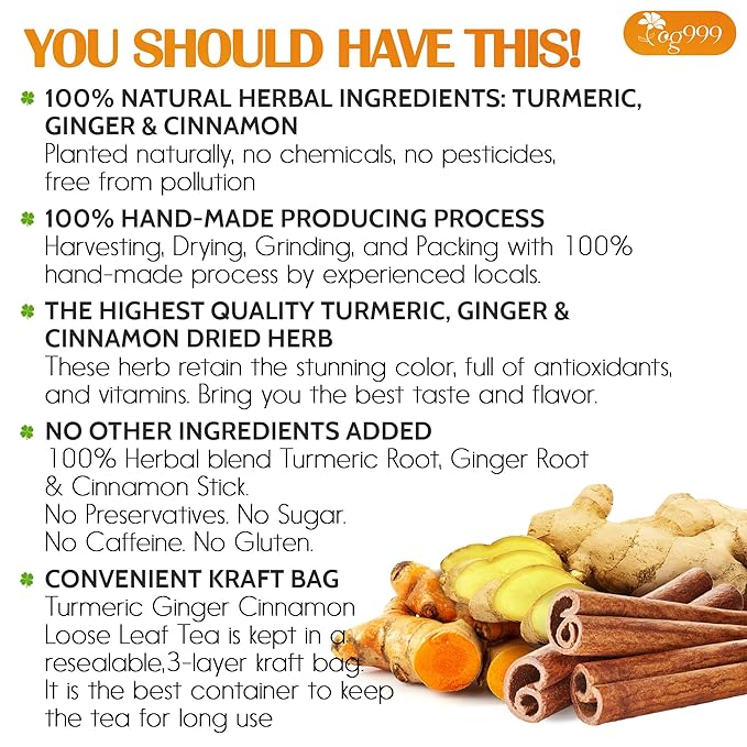 TOG999, Premium 6oz Ginger Turmeric Cinnamon Loose Leaf Herbal Tea - Premium Quality Spiced Herbal Blend – Caffeine-Free, Non-GMO, Natural Dried Roots and Bark. Vegan-Friendly.