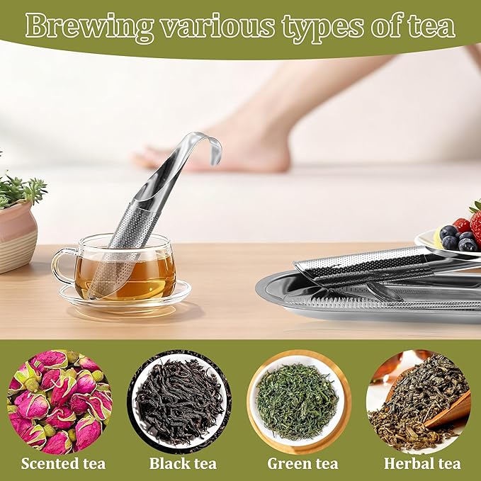 Stainless Steel Tea Infuser for Loose Leaf Tea – Reusable Tea Strainer with Long Handle, Cleaning Brush Drip Tray & Mini Spoon – Perfect for Single Cup Brewing at Home, Office, or Travel