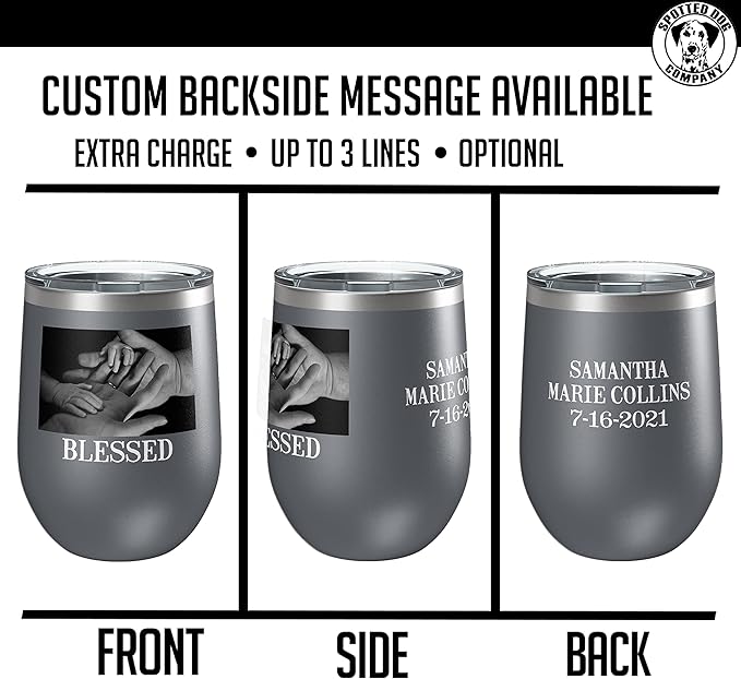 Personalized 12oz (17 Colors) Mother's Day Photo Picture Printed Insulated Stainless Steel Powder Coated Stemless Wine Tumbler with Lid, Customized Gift Idea for Her, Coach Gifts Team Mom Dad (Gray)
