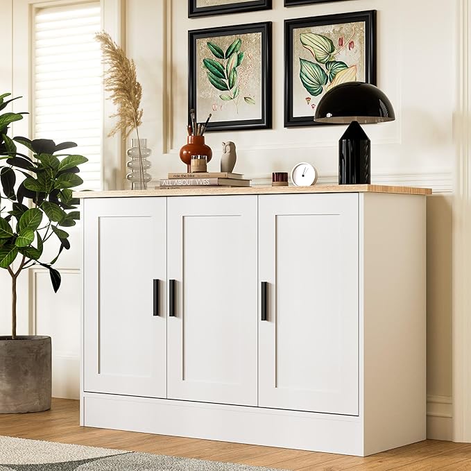 Anystyle 43" White Buffet Cabinet with Black Handles, Small Kitchen Sideboard with 3 Doors & Adjustable Shelves, Modern Entryway Credenza & TV Console Table for Living Room, Dining Room