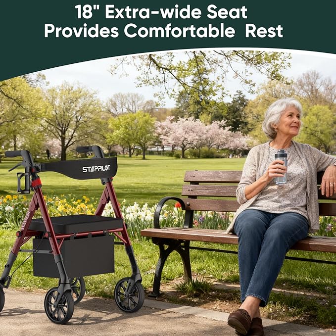 Foldable Aluminum Rollator Walkers with Cushion Seat for Senior, 16lbs Lightweight & 500 lbs Max Load, Adjustable 5-Level Seat Height & 6-Level Handles Height,8" Big Wheels,Dual Braking, Storage Bag