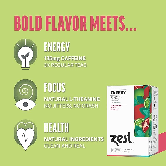 Zest Energy Green Tea – Pomegranate Mojito High Caffeine Tea Bags for Focus & Morning Energy – Natural Caffeinated Tea with 135mg Caffeine – Coffee Substitute – 15Ct Box, Non-GMO & Keto Friendly