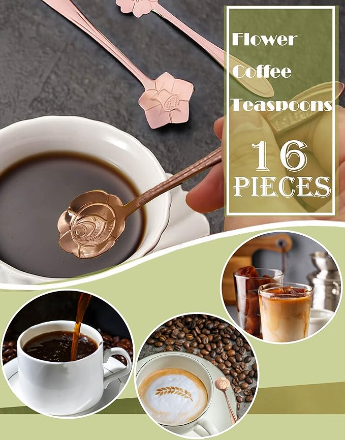 16 Pcs Teaspoon Tea Spoons, ESRISE Stainless Steel Cute Coffee Spoon for Tea Party Decorations (Rose Gold)