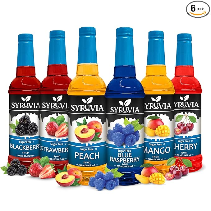 Syruvia Sugar Free Coffee Syrup Variety Pack: Peach, Strawberry, Blackberry, Mango, Cherry & Blue Raspberry - Gluten-Free, Kosher, 25.4 fl oz Bottles - Enhance Your Coffee Experience