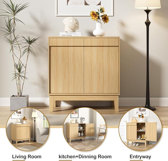Scurrty Modern Buffet Cabinet with Storage,Wood Color Buffet with Adjustable Shelf and 2 Doors, Natural Wood Grain Accent Cabinet for Living Room & Kitchen