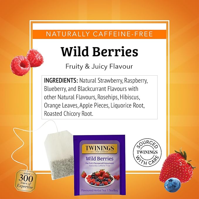 Twinings Wild Berries Herbal Tea Individually Wrapped Bags, 20 Count (Pack of 2), Full-Flavoured, Naturally Caffeine-Free, Enjoy Hot or Iced, 20 Teabags