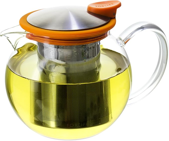 FORLIFE Bola Glass Teapot with Basket Infuser, 25oz./750ml., Orange