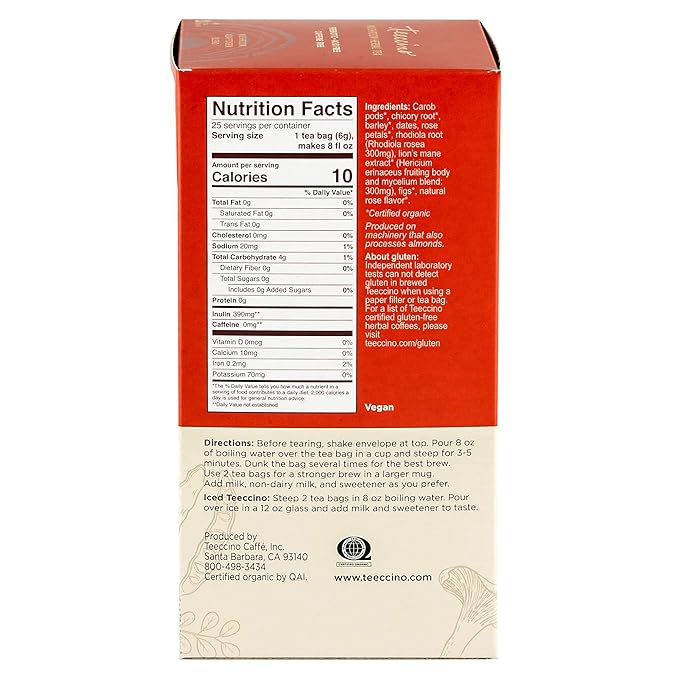 Teeccino Lion’s Mane Rhodiola Tea - Rose - Caffeine-Free Mushroom Adaptogenic Herbal Tea, 3x More Herbs than Regular Tea Bags, Lightly Sweet from Dates & Figs, Chicory Prebiotic - 25 Tea Bags (Pack of 3)