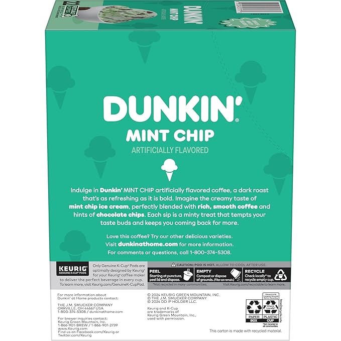 Dunkin’ Mint Chip Artificially Flavored Coffee, Keurig K-Cup Pods, 22 Count Box (Pack of 4)