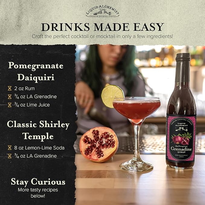 Liquid Alchemist Grenadine Syrup for Cocktails - Real Ingredients Make our Pomegranate Syrup the Perfect Shirley Temple Mix - Our Small Batch is Non-GMO, Gluten Free & Vegan (25.4 oz)