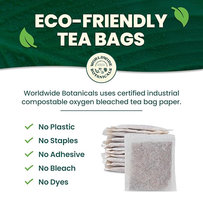Worldwide Botanicals Lemon Ginger Ashwagandha Tea, 50 Tea Bags - 50% more herbs with 3g per teabag - Caffeine-Free, Made with Organic Herbs and Adaptogens - Kosher, 50 Tagless Eco-Friendly Tea-Bags